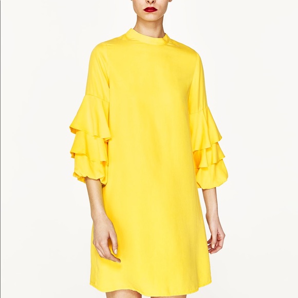 NWT Zara Yellow Frilled Tiered Sleeve Mini Dress - Picture 6 of 7